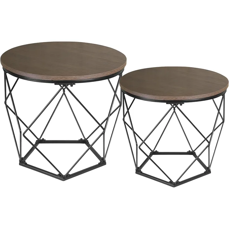 Ribelli 2er Set Beistelltisch– Holzplatte auf stabilem Metallgestell – Couchtisch mit Korbfunktion, Wohnzimmertisch Korbtisch Metalltische ideal für Wohnzimmer, Schlafzimmer, Büro, Braun/Schwarz