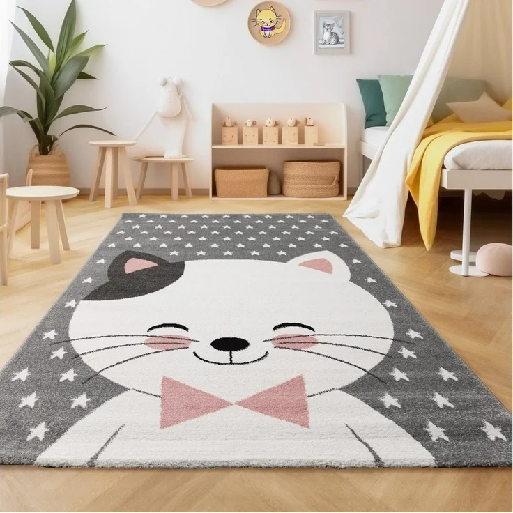 SIMPEX24 Teppich Niedliches Katze Design, Rund, Höhe: 11 mm, Kinderteppich Katze Design Rosa Baby Teppich Kinderzimmer Pflegeleicht – Bild 1