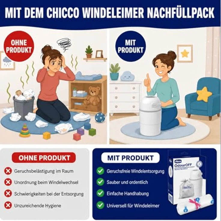Chicco Windeleimer Nachfüllpack & Windel Blaubaer | geruchsdichte & auslaufsichere Beutel | Für saubere und geruchsfreie Wickelbereiche | Nachfüllkassette, Nachfüllfolie für Windeleimer – Bild 8