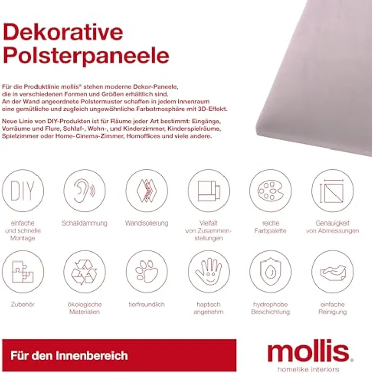 MOLLIS Polsterplatte, Dreieckiges und Dekoratives Wandpaneel, Geeignet als Bettkopfteil oder Aufprallschutz, Reduziert Schall und Verbessert Akustik, aus Schaumstoff, 30 x 30 cm, Lavendel – Bild 7