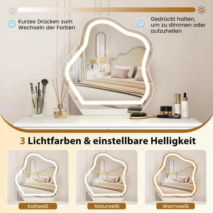 COSTWAY Schminktisch (1-St), mit LED Spiegel & Beistellschrank, Kosmetiktisch