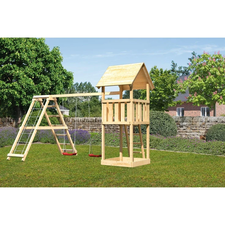 Karibu Kinderspielturm Lotti Satteldach mit Gerüst / Doppelschaukel naturbelassen 1,07 x 1,07 x 2,91 m – Bild 6
