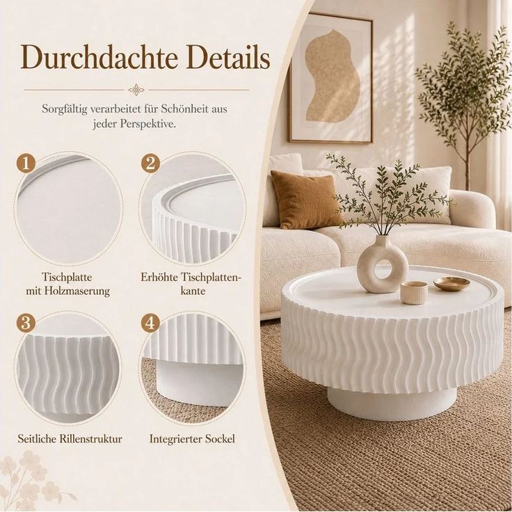 PEALOV Couchtisch mit erhöhtem Tischrand, moderner Sofatisch in Trommelform (1-St), mit Wellenstruktur und Holzmaserung, Ø 77 × H 36 cm – Bild 4