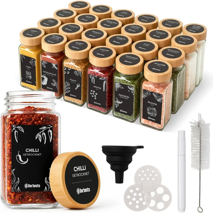 CLP 24er Set Gewürzgläser eckig 120ml Streueinsätze Etiketten Trichter Bürste,natura Holz