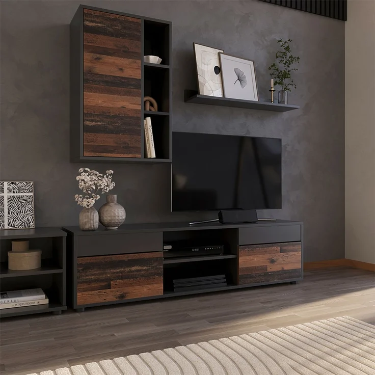 Wohnwand Berno Schwarz/Oldstyle 2 Teile Vicco – Bild 3