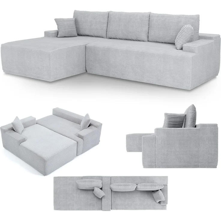 Juskys Sofa Coredo - modernes Cord Sofa mit Ottomane links, gemütliche Couch mit Schaumstoffpolsterung, Cordbezug & Kissen, modular - Hellgrau – Bild 1