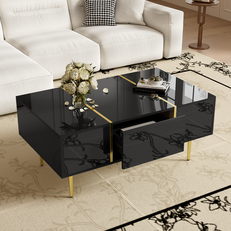 Couchtisch Schwarz Hochglanz mit Gold Akzenten,Sofatisch mit 2 Schubladen Stauraum – Bild 3