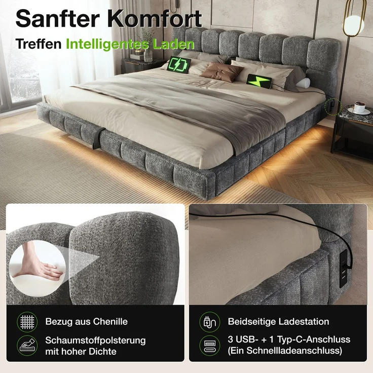 EINHOM Bett Polsterbett Doppelbett Jugendbett in Schwebeoptik, Bubble Design Wolkenbett, Hydraulischer Stauraum, LED, Ladeanschluss (USB & Typ-C), Chenille, 180 x 200 cm, Grau, (Ohne Matratze) – Bild 3