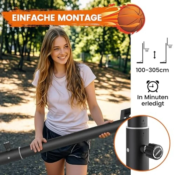 SAMAX Basketballkorb / Basketballständer 100-305 cm höhenverstellbar mit Rollen inkl. Netz – Bild 3