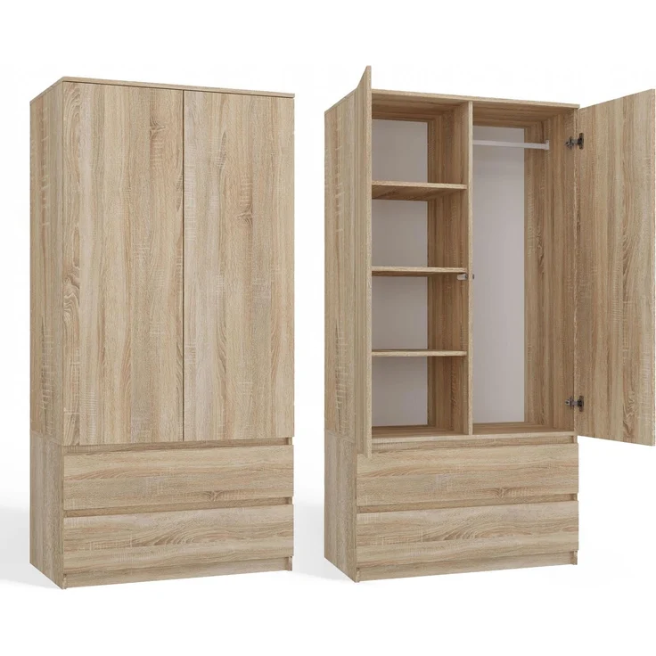 CDF Kleiderschrank 90cm Breit Kinderzimmer Schlafzimmer 2 Schubladen 2-türig Kleiderschrank Eiche Sonoma Zweitüriger Moderne Schrank Alles für Montage Inklusive Garderobenschrank Klamotten Spielzeuge
