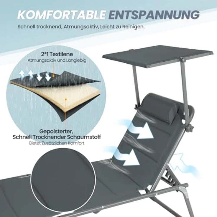 HOMECALL XXL-Sonnenliege aus Aluminium mit Dach und Quick-Dry-Schaum, max. Belastung bis 150 kg, Textilene anthrazit, 200x70 cm – Bild 5