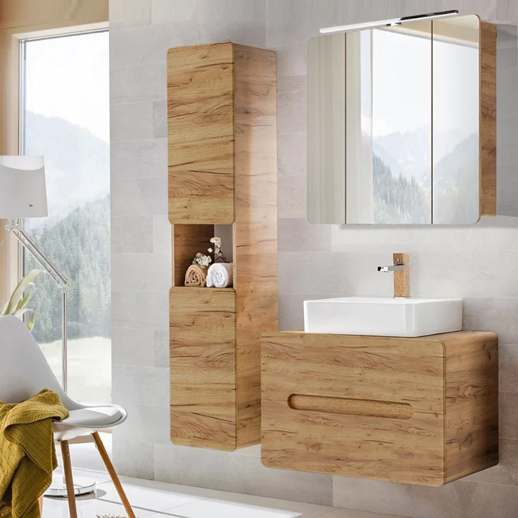 Badezimmermöbel Set mit 80 cm Waschtisch & LED-Spiegelschrank, Wotan Eiche Nb, B/H/T ca. 130/200/46 cm – Bild 1