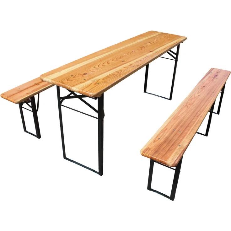 Ball & Cast Bierzeltgarnitur 3-teilig, Biertisch Klapptisch mit 2 Sitzbänken, Camping Tisch faltbar, Wetterfester Kiefer Massiv, Natur, 175 cm