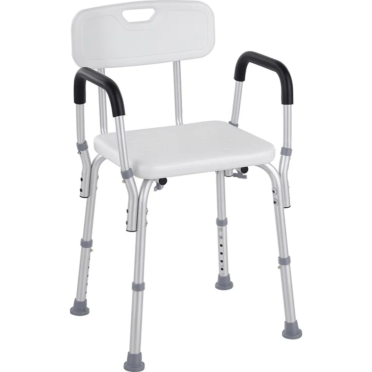 Duschstuhl mit Rückenlehne und Armlehnen, höhenverstellbarer Duschsitz mit rutschfesten Füßen, abnehmbare Armlehnen, bis 136 kg, Aluminium/HDPE, Weiß – Bild 1