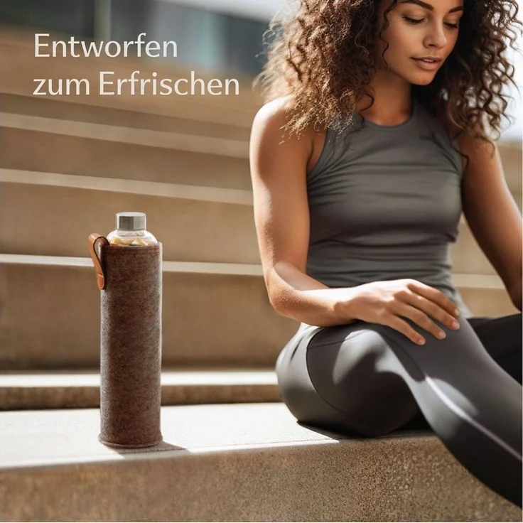 Cosumy Trinkflasche Trinkflasche aus Glas mit Filztasche 750ml - Spülmaschinenfest, Sandbraun - BPA-freie Wasserflasche - für Kohlensäure geeignet – Bild 3