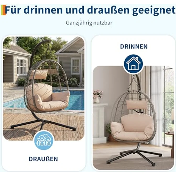 Hängesessel mit Gestell Outdoor bis 150 kg belastbar, Rattan Hängesessel mit Metallgestell, ideal als Hängesitz Indoor mit Gestell für Garten, Terrasse & Balkon Beige – Bild 8
