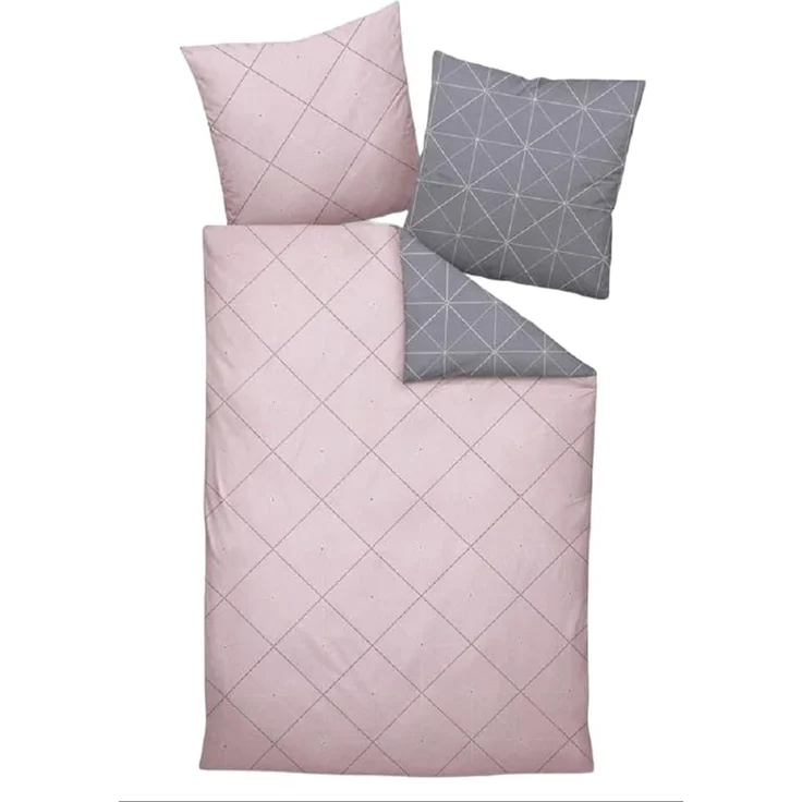 Davos Janine Biber Bettwäsche 2tlg grau rosa 65101-01| Bettwäsche-Set aus 100% Baumwolle | 2 teilige Wende-Bettwäsche 135x200 cm & Kissen 80x80 cm | Geometrisches Muster – Bild 6