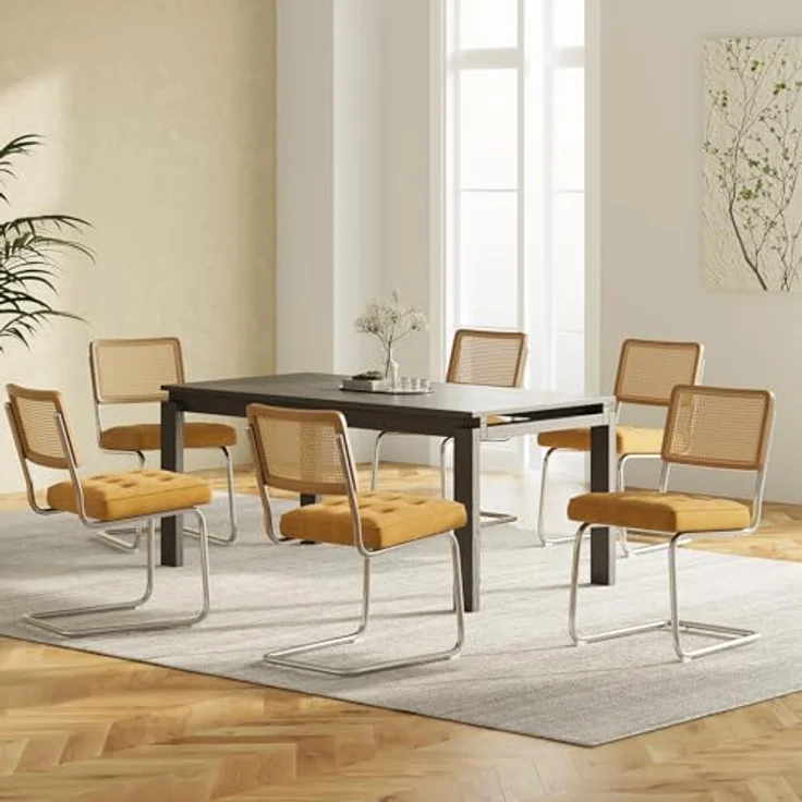 COLAMY Rattan Esstischstühle 6er Set, Samtbezug mit Metallgestell, Gelb – Bild 7