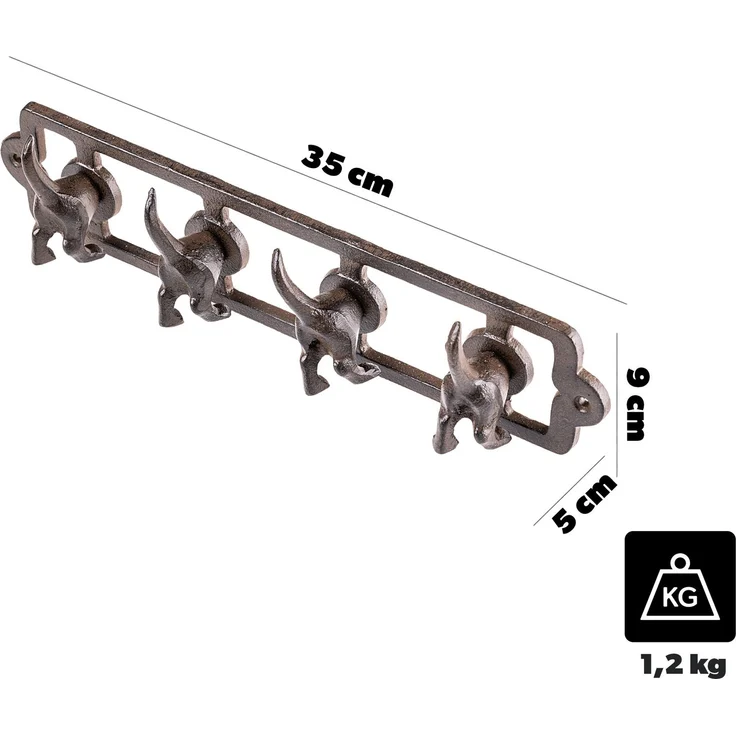 KADAX Hunde Hakenleiste aus Gusseisen 35 x 9 cm, Wandgarderobe mit 4 Haken für Hundeleinen, Halsbänder & Schlüssel, Garderobenleiste zur Wandmontage (Braun) – Bild 3