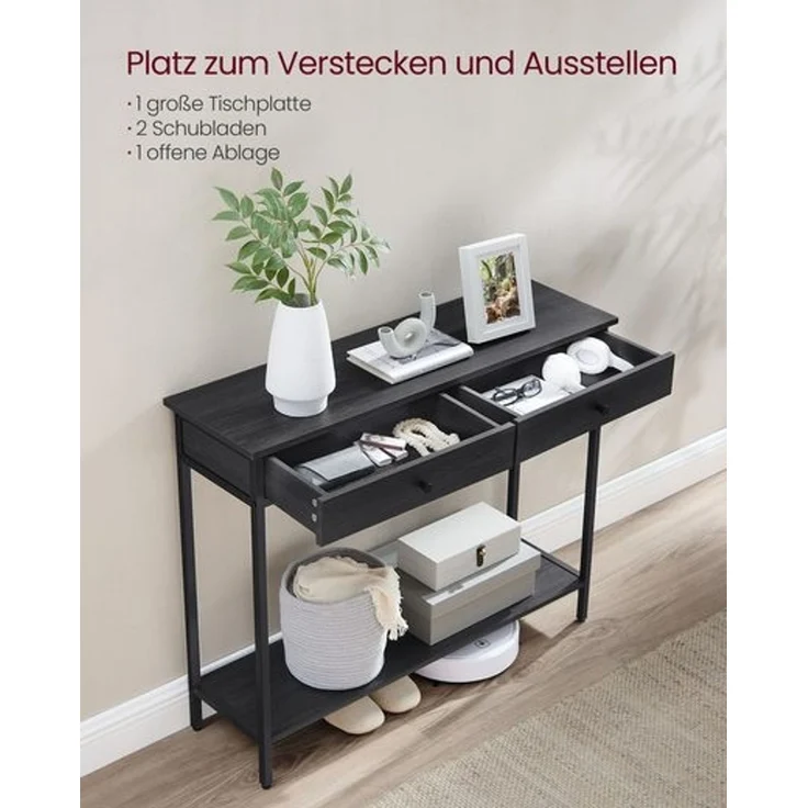 Vasagle Konsolentisch, Flurtisch, Beistelltisch, Sofatisch mit 2 Schubladen, Stahlgestell, Flur, Wohnzimmer, Industrie-Design, anthrazitgrau-tintenschwarz LNTDE015B07 – Bild 3