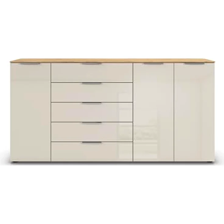 Rauch Möbel Flipp, Kommode für Schlafzimmer, Kinderzimmer, Wohnzimmer, Flur, Garderobe, 3-türig, 5 Schubladen, mit Softclose-Funktion, Farbe Eiche Artisan, Holz/Glas Beige, Breite 199 cm – Bild 6
