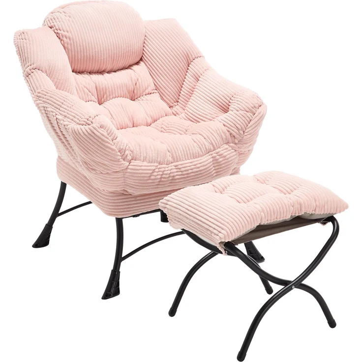 LVHOM Relaxsessel mit Hocker, Loungesessel mit Seitentasche, Lesesessel aus Cordstoff, bequem gepolstert, Metallgestell, bis 180kg belastbar, Rosa – Bild 2