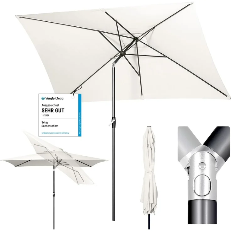 Sekey Sonnenschirm mit Kurbel und UV50+, knickbar, Aluminium creme, 200 × 300 cm – Bild 1