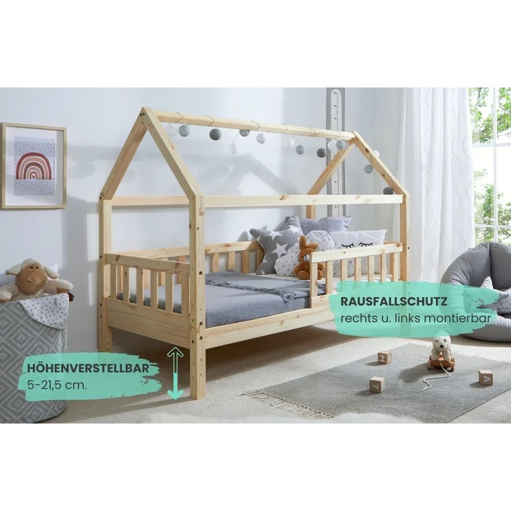Ticaa Hausbett Kay mit Rausfallschutz aus Kiefer, Kinderbett 80x160, inkl. Dach, mit Rollrost, mit Matratze – Bild 2