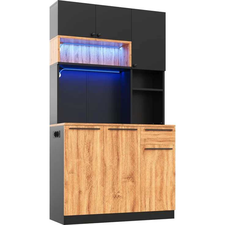 ZUBALIYA Buffetschrank 100x40x180 cm, mit LED-Beleuchtung, mit Steckdosen, mit 6 Türen, aus MDF, Natur – Bild 11