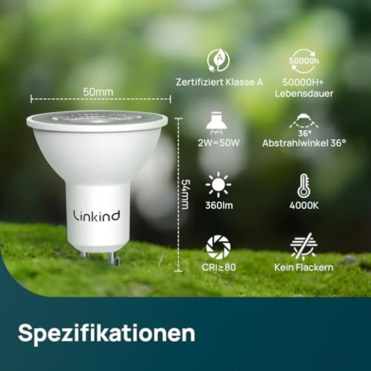 Linkind Ultraeffiziente GU10 LED Birne, 2W=50W, 4000K Neutralweiß von Energieeffizienz-Label-A, Nicht Dimmbar GU10 Glühbirne 360Lm, 36° Mittlerer Abstrahlwinkel, Klasse A LED Birne, 6 Stück – Bild 3