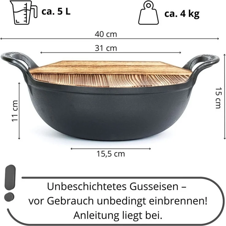 BIG-PAN Wok Gusseisen Kazan 5 L mit Holzdeckel, Pfanne 18,5 cm & Holzspate, Gusseisen (Wokpfanne-Set induktionsgeeignet, alle Herdarten Grill Backofen), Schmortopf Asiapfanne Wokpfanne – Bild 3
