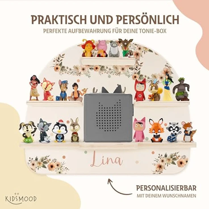 KIDSMOOD - Personalisiertes Tonie Regal für Kinderzimmer | Regenbogen Wand-Regal mit genügend Platz für Tonie-Hör-Figuren, Aussparung für Tonie-Musikbox & Kabelmanagement, Tonie Regal Mädchen & Jungen – Bild 4
