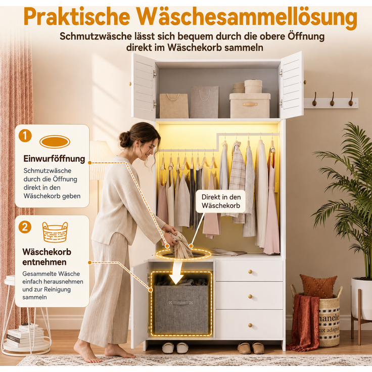 Drehtürenschrank 90 x 50 x 200 cm aus Spanplatte in Weiß mit LED-Kleiderstange – Bild 9