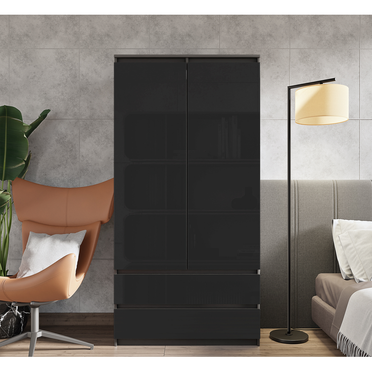 Furnica JOELLE Kleiderschrank 2 Schubladen Anthrazit/Schwarz Gloss H180 B90 T50cm – Bild 3