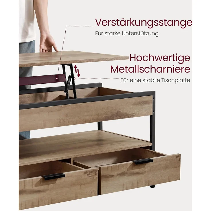 Vasagle Couchtisch, höhenverstellbarer Wohnzimmertisch, Kaffeetisch, mit Schubladen, offenes Fach,50x100 x (48-63)cm， kamelbraun-schwarz – Bild 6