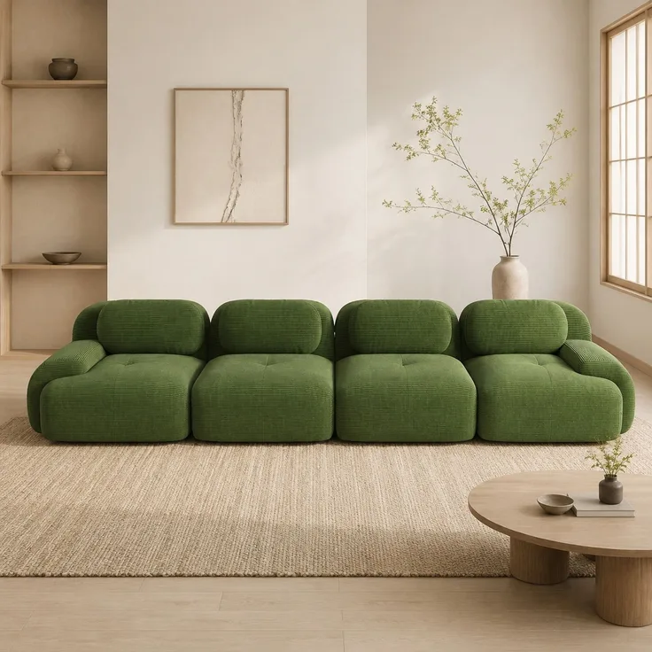 DESVIAE Sofa modular rahmenlos aus Cordstoff Grün mit 32D-Hochdichteschaum, 388 x 103 x 70 cm