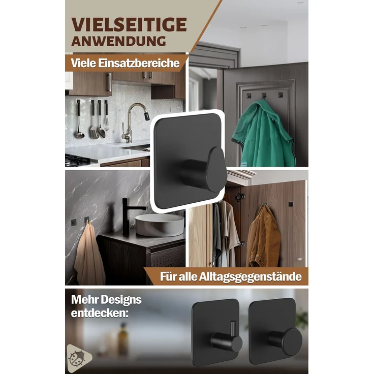 Lindenstein Ovale Klebehaken 6er-Set Schwarz – Edelstahl V2A, 3M-Klebepads – Bild 6