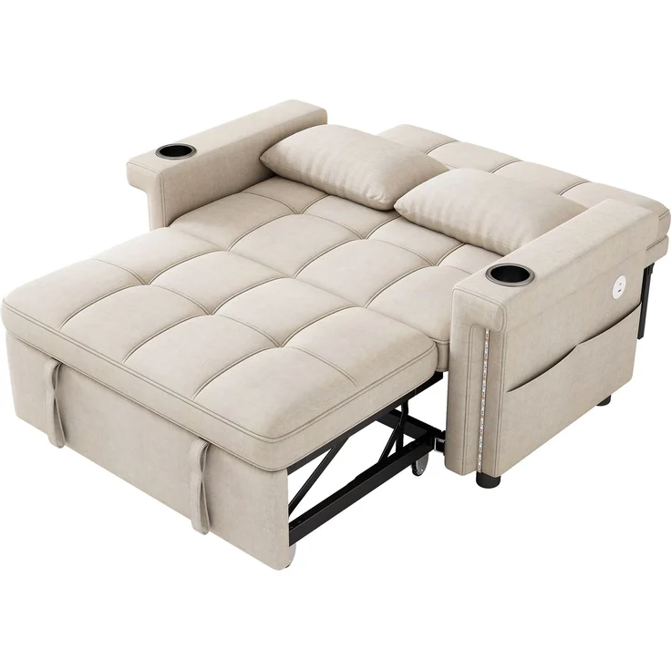 Merax 2-Sitzer Sofa, Schlafsofa mit Schlaffunktion, LED-Beleuchtung, USB/Type-C-Ladeanschluss, verstellbare Rückenlehne, Kissen, Getränkehalter, Seitentasche, Chenille Stoff, Beige – Bild 9