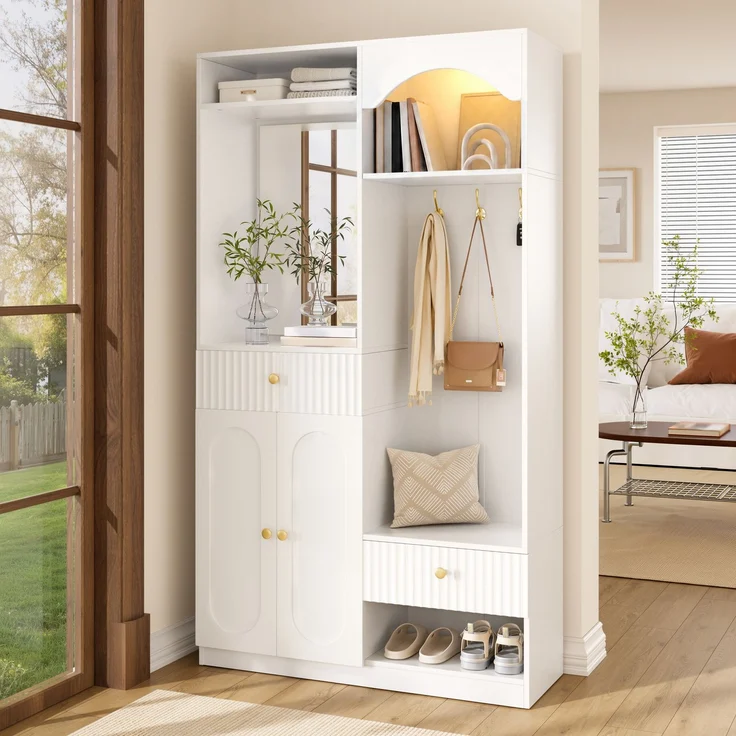 Kompaktgarderobe mit Spiegel und Sitzbank,Flurgarderobe mit Schuhschrank und Haken, Kleiderhaken,Kompaktgarderobe,Flurmöbel Set,Flurgarderobe – Bild 5