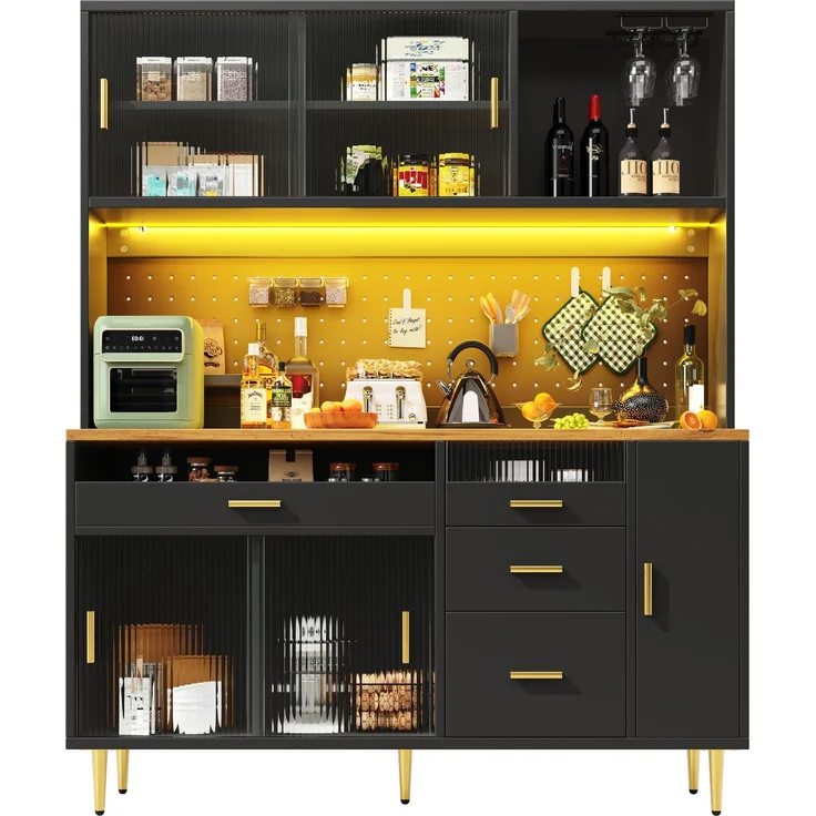 Merax 171cm Hochschränke fürs Wohnzimmer, Küchenschrank, Esszimmerschrank, Schränke mit LED-Beleuchtung, Hoher Schrank mit Lochwandregalen, schwarz – Bild 10
