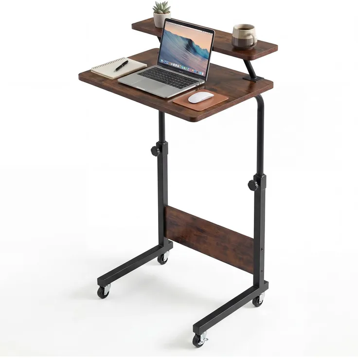 YITAHOME Mobilfunk Schreibtisch mit Rollen, Tragbarer Home Office Computertische Laptoptisch, Beistelltisch Höhenverstellbar mit Aufbewahrungsregal, Stehpult Beistelltisch Rollen, Vintage-Braun