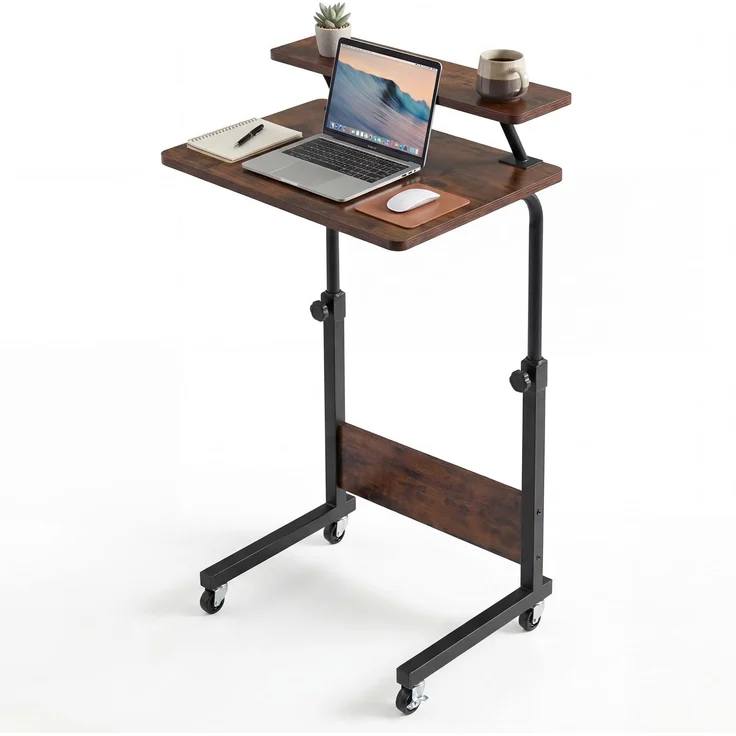 YITAHOME Mobilfunk Schreibtisch mit Rollen, Tragbarer Home Office Computertische Laptoptisch, Beistelltisch Höhenverstellbar mit Aufbewahrungsregal, Stehpult Beistelltisch Rollen, Vintage-Braun