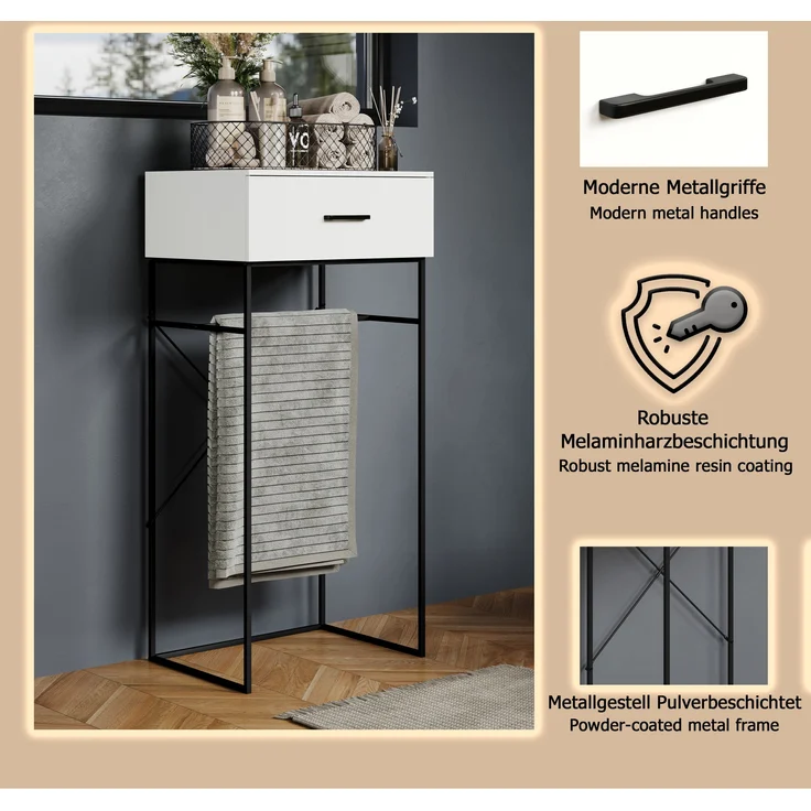 trendteam smart living - Strike - Beistelltisch - Weiß/Schwarz - Wohnzimmertisch auf robustem Metallgestell - (BxHxT) 60 x 132 x 48 cm - praktische Schublade – Bild 13