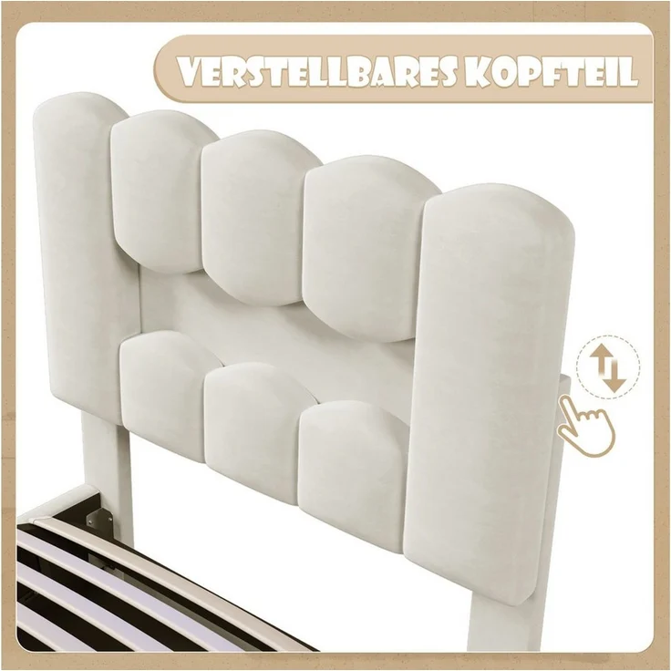 MODFU Polsterbett mit LED-Licht (Kinderbett mit hydraulischem Bettkasten & verstellbarem Kopfteil, Einzelbett, Samt 90x200 cm), Inklusive Matratze – Bild 3