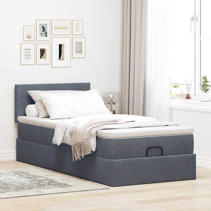 vidaXL Ottoman-Bett mit Matratze & LEDs Dunkelgrau 100x200 cm Samt 3312531 – Bild 3