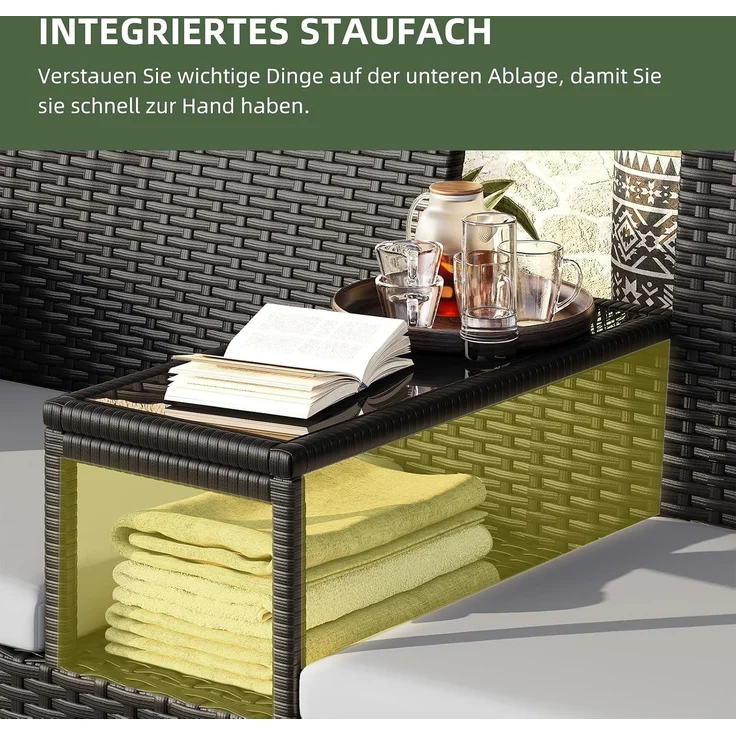 Aoxun 2-Sitzer-Gartenbank aus Rattan, extrabreite Outdoor-Zweisitzerbank mit seitlichem Ablagetisch 144x62x80cm, bequemes Terrassenmöbel-Set mit Kissen und Regenschutz für Garten, Balkon, Hellgrau – Bild 3