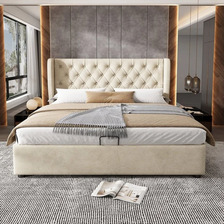 Odikalo Polsterbett Doppelbett mit Bettkasten & Lattenrost Mehrfarbig (140x200 160x200 180x200 180x190 Polsterbett Ohrenform Samtstoff Große Knopfnähte Doppelbett, Hydraulisches Funktionsbett mit Lattenrost und Stauraum, Bettunterseite ist mit einem sc... – Bild 3
