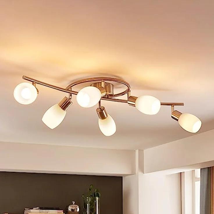 Lindby Deckenstrahler Glas 6-flammig, dreh- und schwenkbar, Metall nickel satiniert, weißes Glas, ohne Leuchtmittel – Bild 3