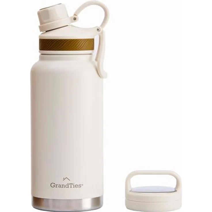 GrandTies 946ml Reise Wasserflasche - Wide Mouth Vakuum Isolierte Wasserflasche mit Zwei Stil Deckeln, kälteste Wasserflasche für Männer, Hydroflaschen für Frauen - Elfenbein Weiß – Bild 1