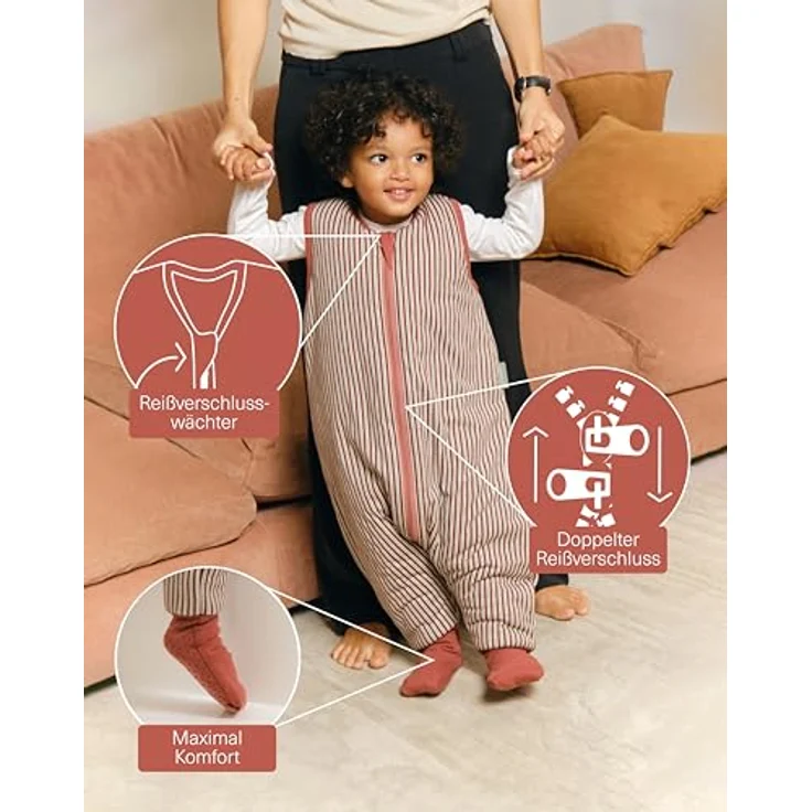 molis&co - Baby Schlafsack mit Füßen und Socke - Ideal für den Winter - Babyschlafsack mit Beinen 2,5 tog - 100% Baumwolle (Oeko-TEX 100), Premium Qualität - Burgundy Stripes (70 cm) – Bild 4